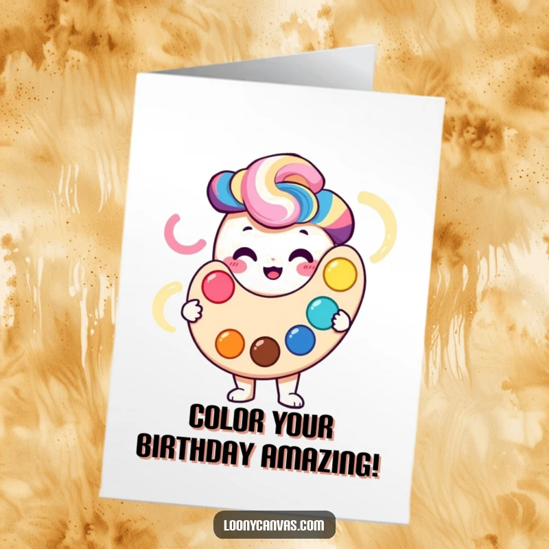Funny Free Printable Palette Birthday Card: Smiling palette character showcasing a vibrant array of swirling colors for a birthday wish.