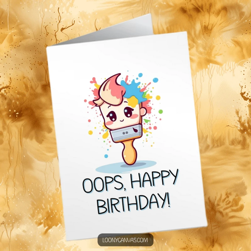 Funny Free Printable Birthday Card: A shy paintbrush hilariously splattering paint for a dramatic artistic birthday.