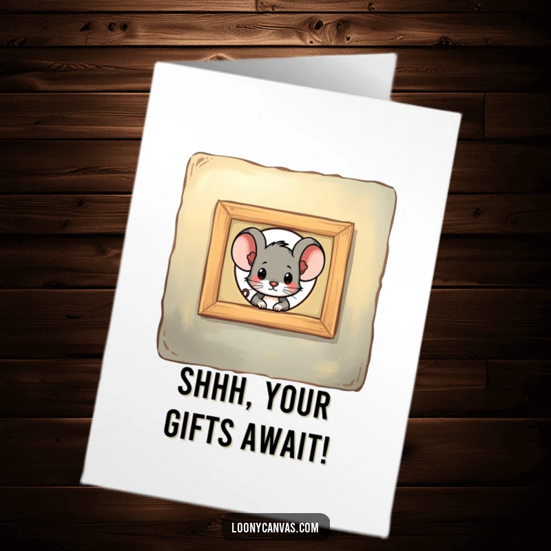 Funny Free Printable Birthday Card: A curious mouse peeks through a painting keyhole, sharing a secret birthday wish.