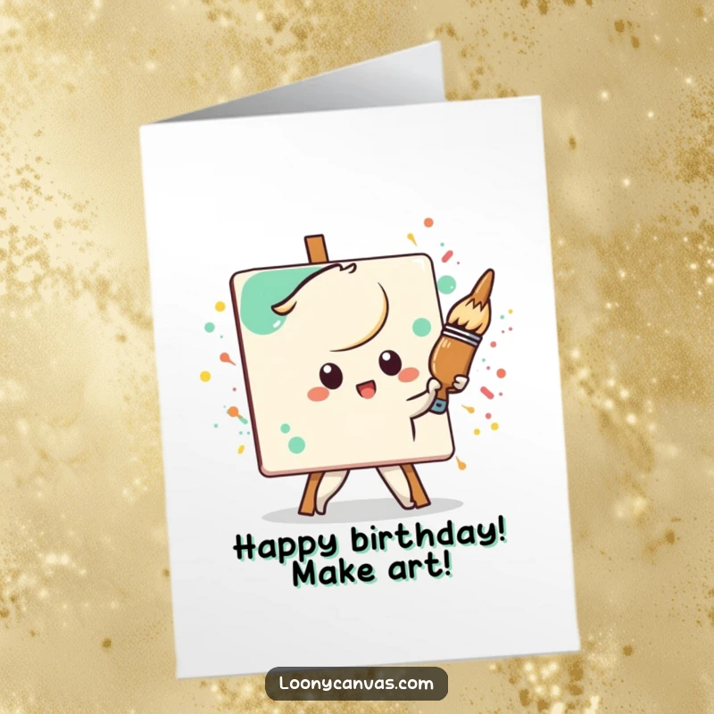Funny Free Printable Birthday Card: A determined Kawaii paintbrush character paints a splattered canvas, celebrating a birthday with passion.