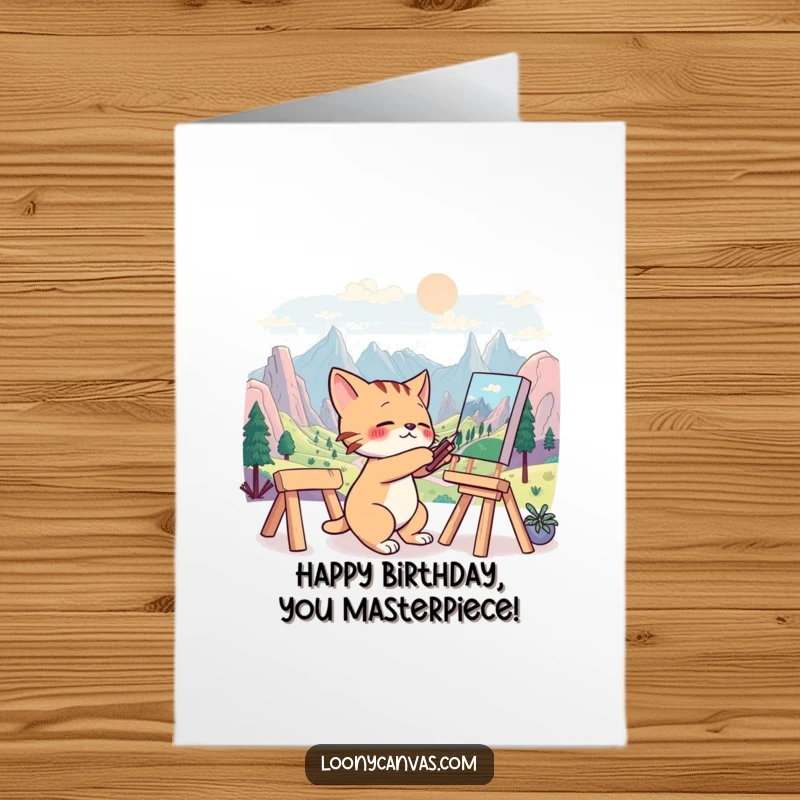 Funny Free Printable Birthday Card: Cat frantically painting a surreal landscape, wishing you a happy birthday.