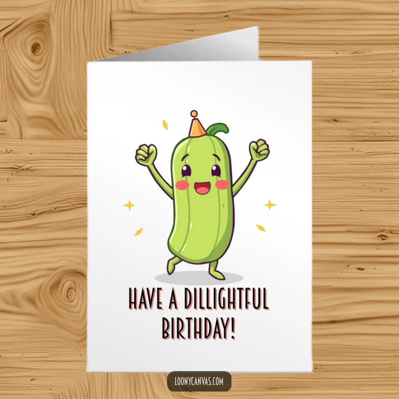 Funny Free Printable Birthday Card: A triumphant pickle character busts a wild victory dance, celebrating a briny win.
