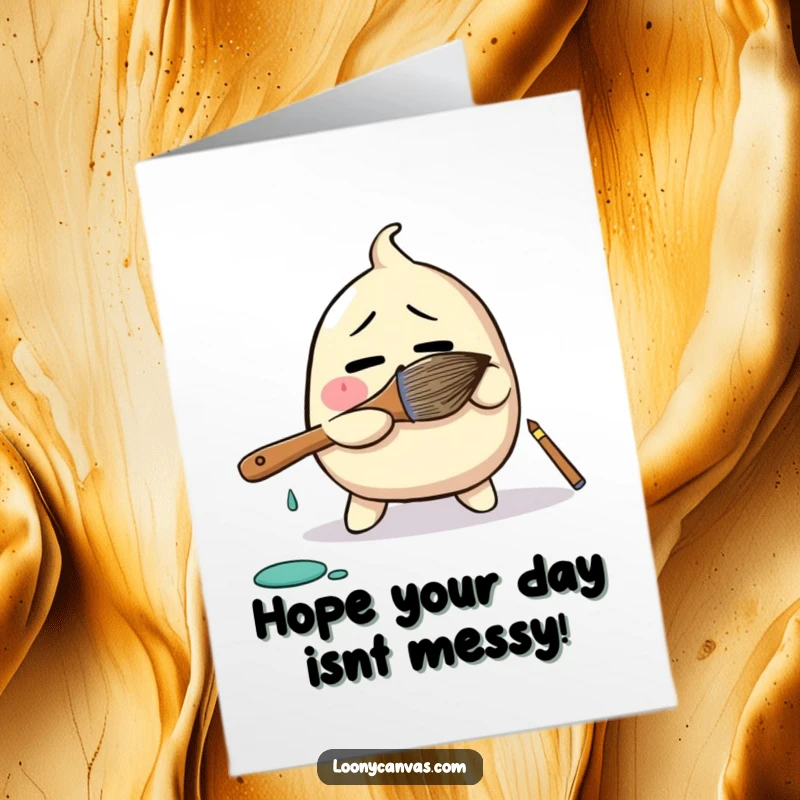 Funny free printable birthday card: a bewildered blob character comically wrestling with a giant paintbrush.