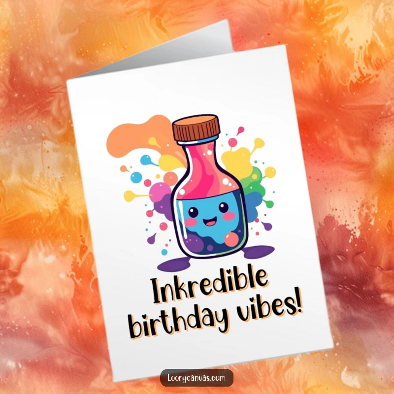 Funny Free Printable Birthday Card: Happy ink bottle character spilling a rainbow of abstract patterns, celebrating joyfully.