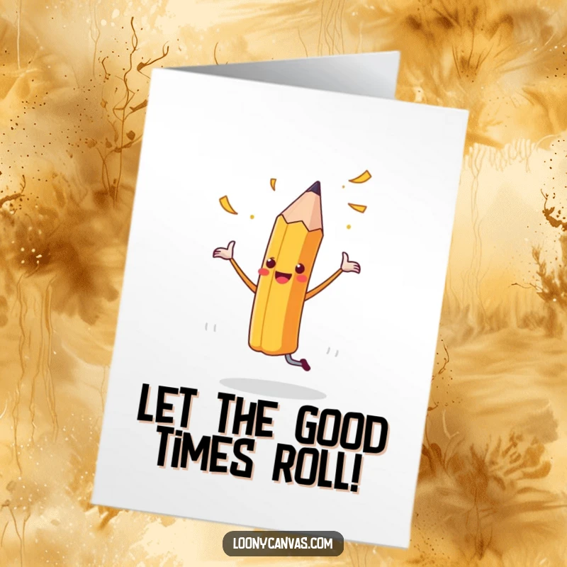 Funny Free Printable Birthday Card: A cheerful pencil dancing joyfully with flying shavings for a happy birthday.