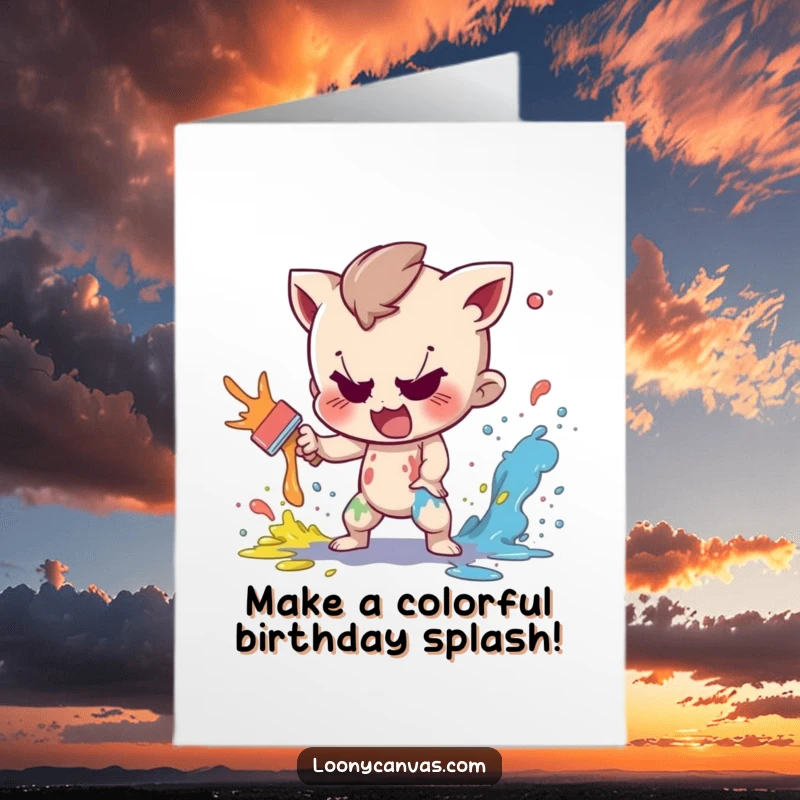 Funny Free Printable Birthday Card: A mischievous character playfully splattering vibrant paint, celebrating birthdays with artistic chaos.