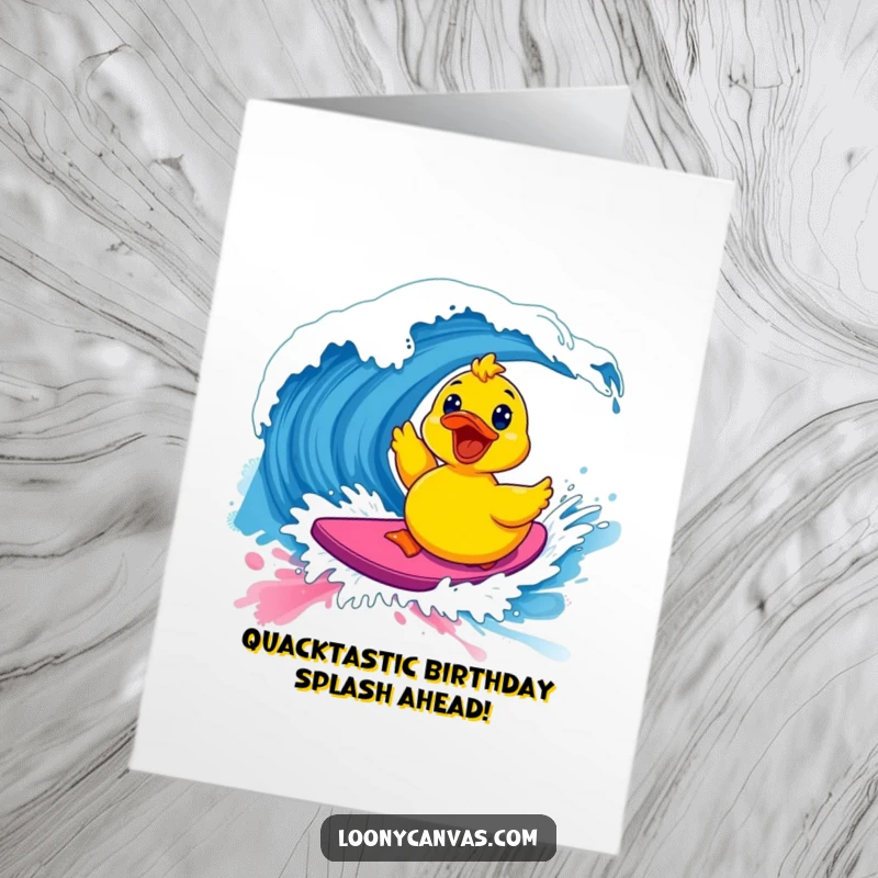 Funny Free Printable Birthday Card: a kawaii excited rubber ducky joyfully surfing a vibrant wave of colorful paint.