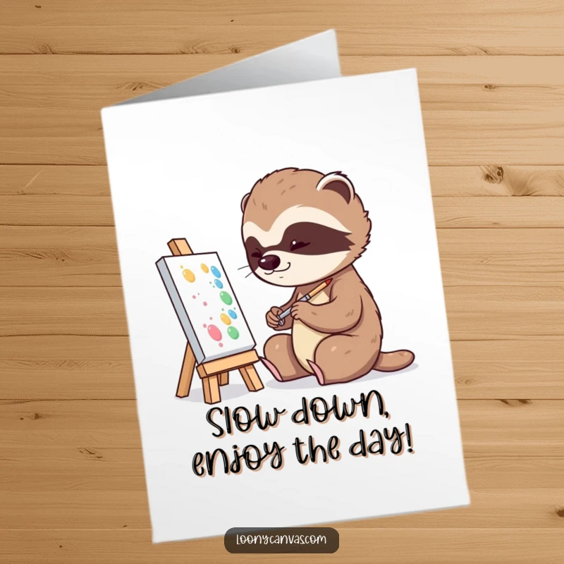 Funny free printable birthday card showing a playful sloth very slowly dabbing paint onto a tiny canvas.