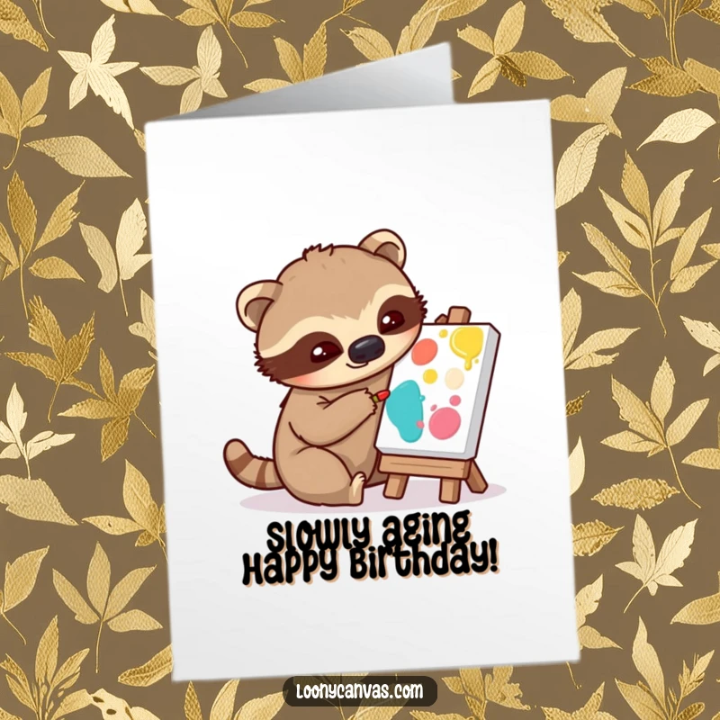 Funny Free Printable Birthday Card: Sloth character dabs paint on a tiny canvas, a calm and humorous birthday wish.