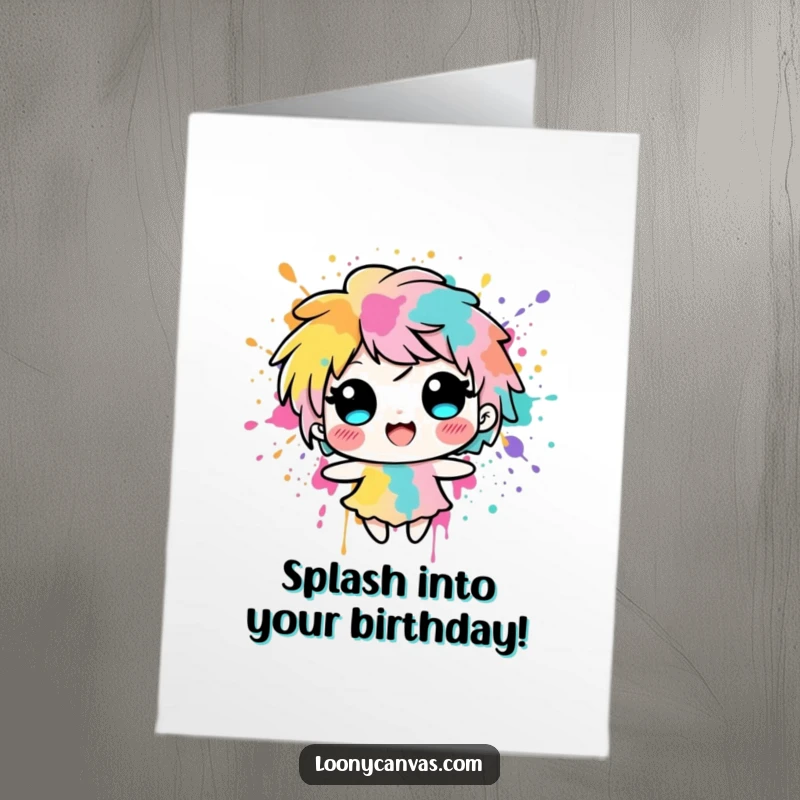 Funny Free Printable Birthday Card: Delighted ink blot character splashing with vibrant colors, celebrating a birthday.
