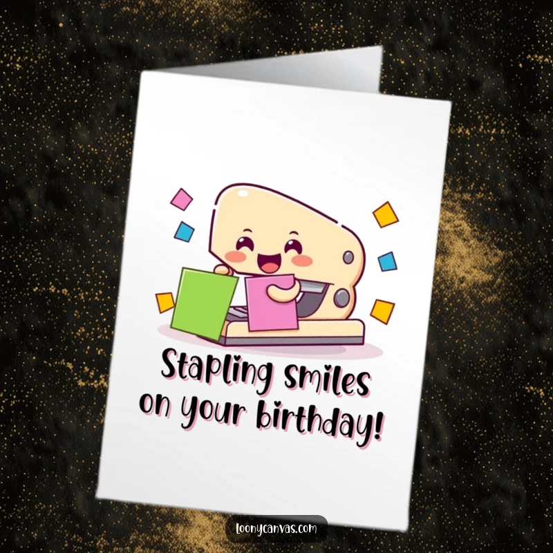 Funny Free Printable Stapler Birthday Card: Cheerful stapler character enthusiastically attaching colorful paper squares for a birthday message.