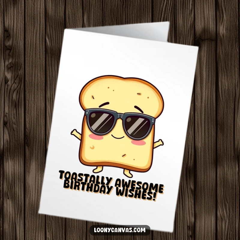 Funny Free Printable Birthday Card: Giggling toast character hilariously struggles with oversized sunglasses, ready to party.
