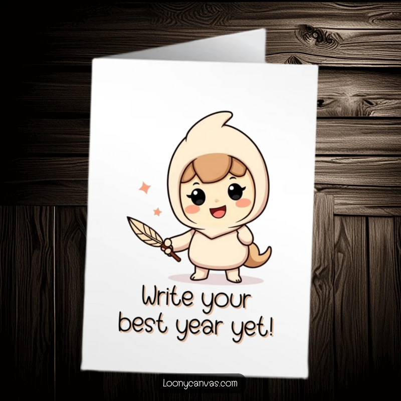 Funny Free Printable Birthday Card: Cheerful character with a quill pen, writing with gusto and a smile, celebrating with words, downloadable fun.