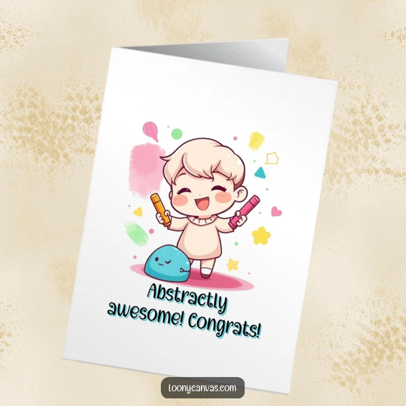 Funny Free Printable Congrats Card: Gleeful character drawing colorful abstract shapes with chalk, celebrating achievements with artistic freedom, download.