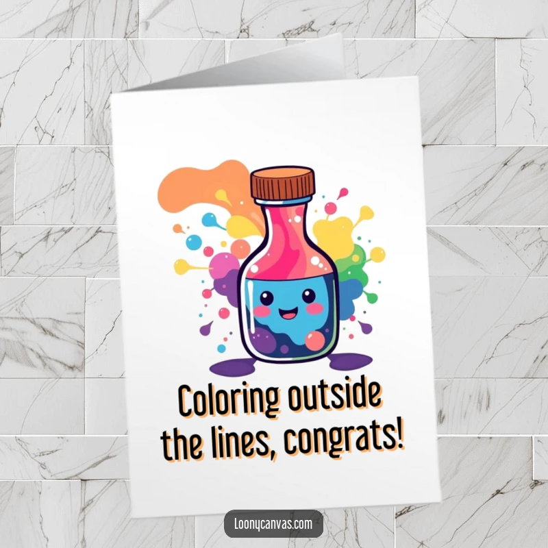 Funny Free Printable Congratulations Card: Happy ink bottle character spilling a rainbow of abstract patterns, signifying great success.
