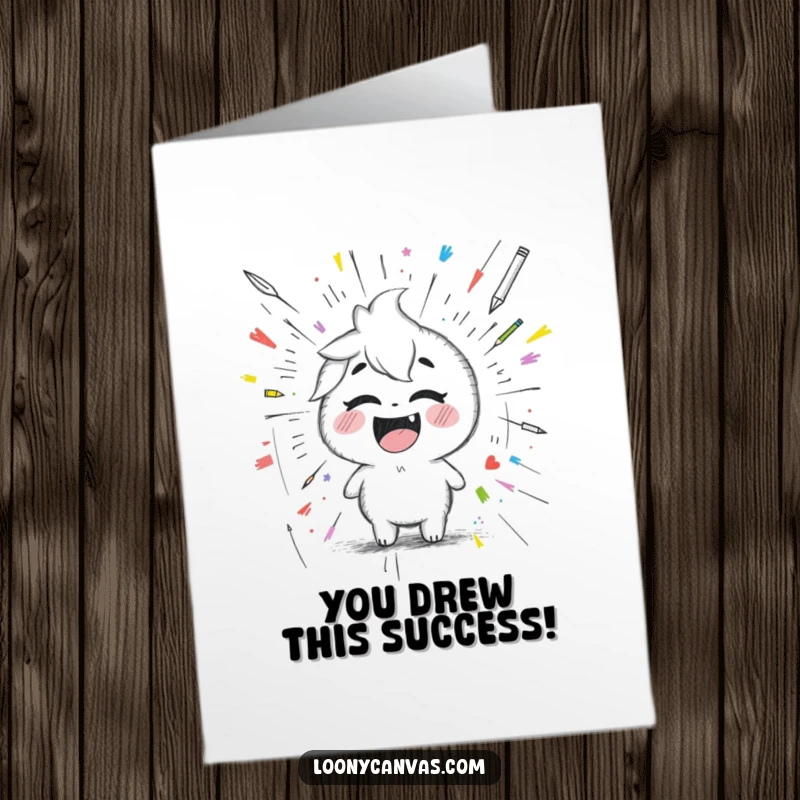 Funny Free Printable Congrats Card: A giggling Kawaii pencil creates a chaotic scribbled masterpiece, celebrating a wonderfully messy success.
