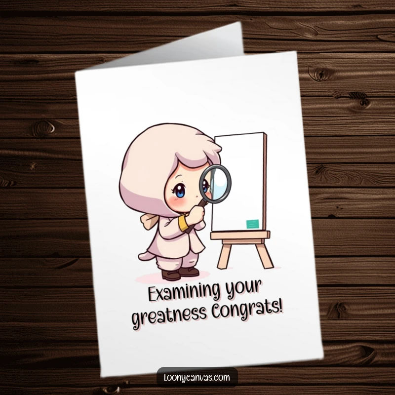 Funny Free Printable Congrats Card: Curious character using a magnifying glass to inspect a canvas, appreciating fine details, celebrating success, download.