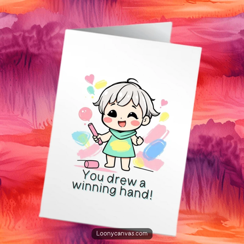 Funny Free Printable Congratulations Card: A gleeful character creating abstract shapes with colored chalk, celebrating achievements artistically.