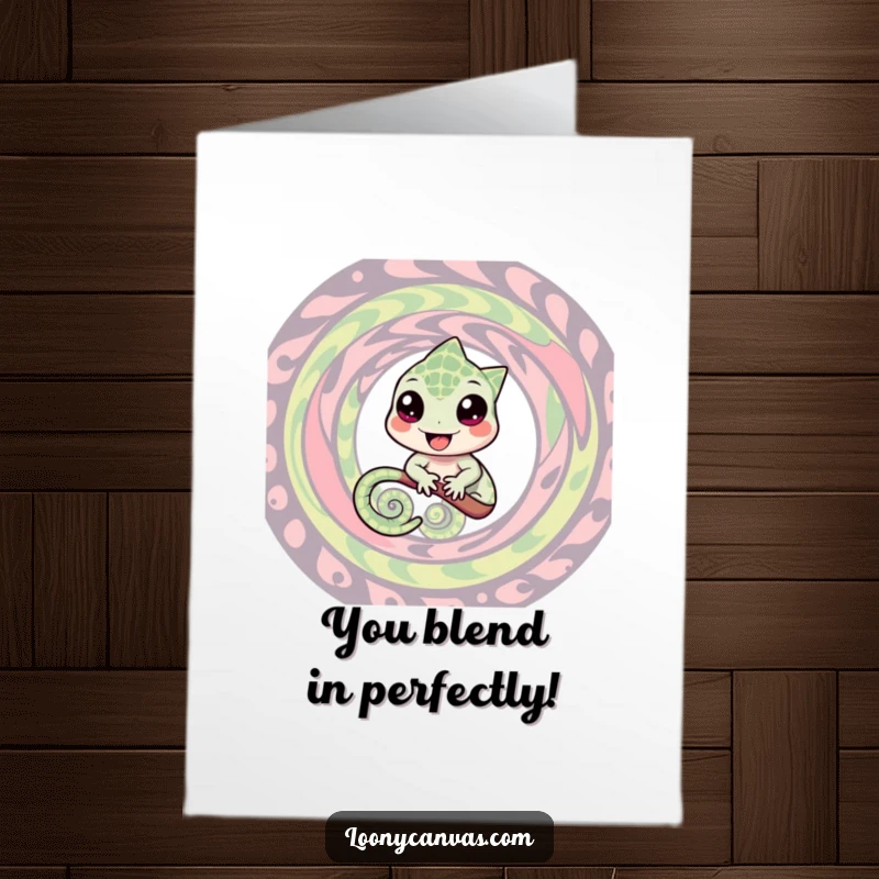 Funny Free Printable Congratulations Card featuring a happy chameleon perfectly camouflaged within a psychedelic swirl, a great DIY gift.