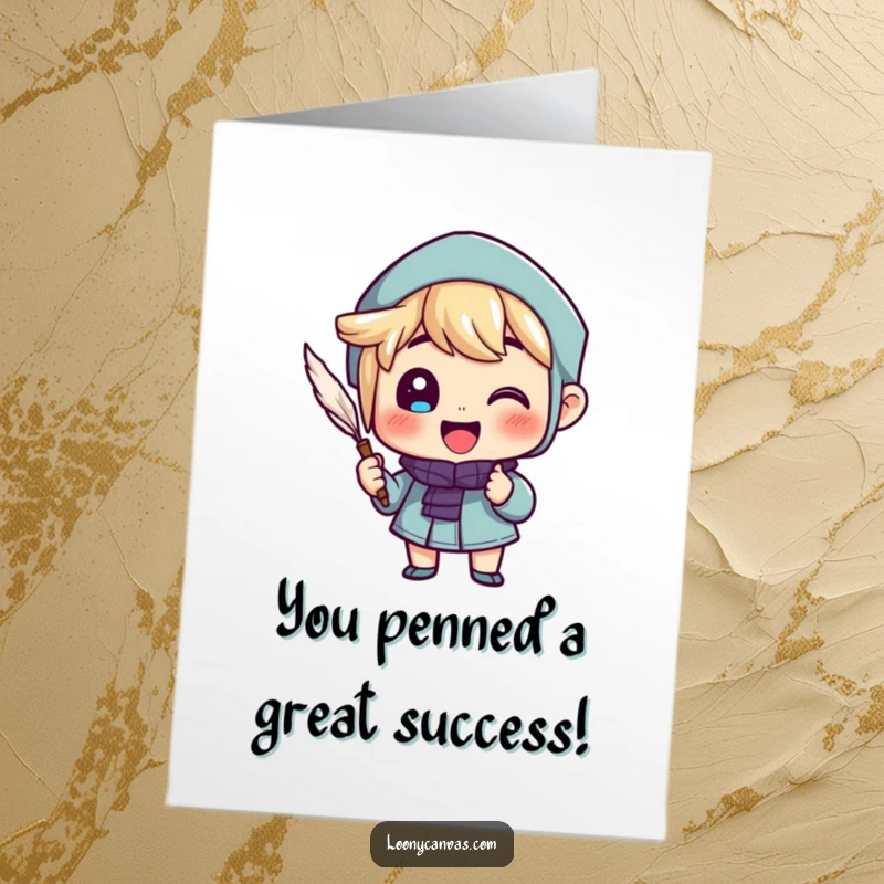Funny Free Printable Congratulations Card: A cheerful character enthusiastically writing with a quill pen, celebrating success.