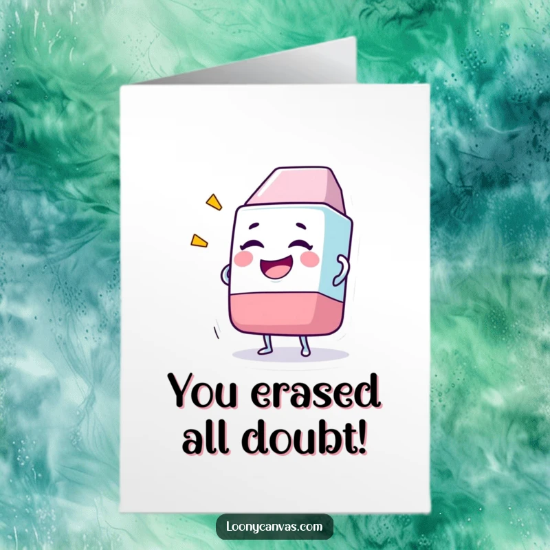 Funny Free Printable Congratulations Card: Giggling eraser character erasing a massive drawing, celebrating a big accomplishment.