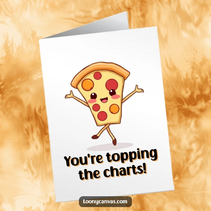 Funny Free Printable Congrats Card: Adorable kawaii pizza slice performing a ballet pirouette with a big smile.