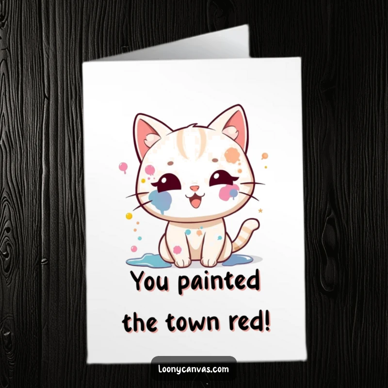 Funny Free Printable Congrats Card: Playful kawaii cat with paint on its face, splattering colorful paint with glee.