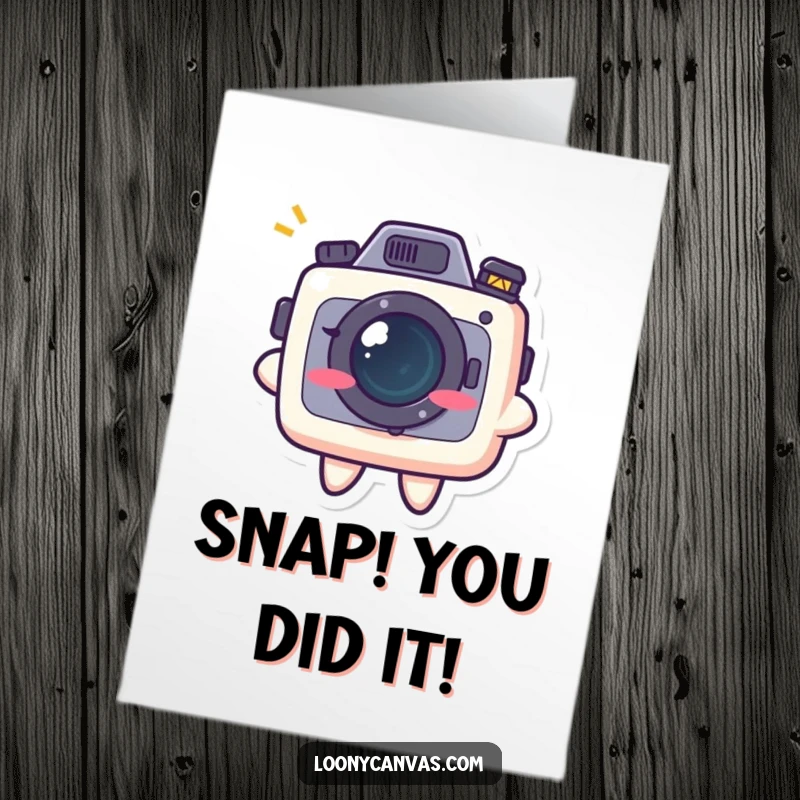 Funny Free Printable Congratulations Card: Kawaii camera character flashes a mischievous grin, celebrating success with downloadable wit.
