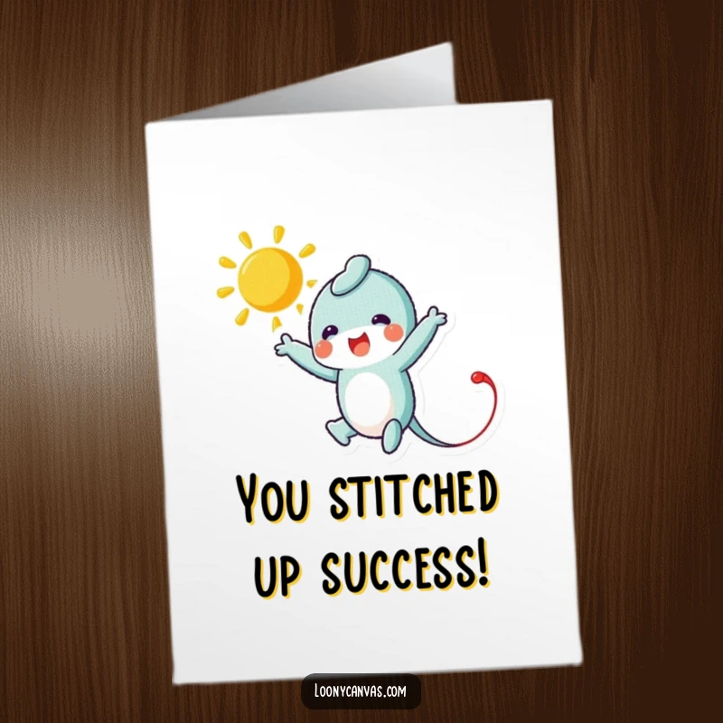 Funny Free Printable Congratulations Card featuring a leaping needle character stitching a big, bright sun, a symbolic DIY gift.