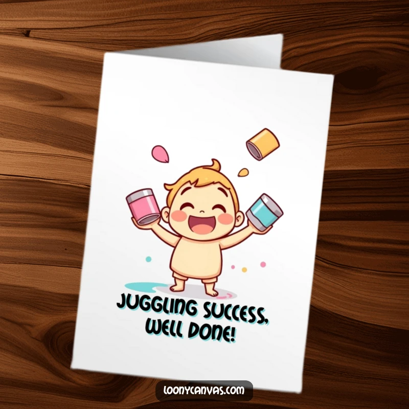 Funny Free Printable Congratulations Card: A jolly character skillfully juggling paint cans, celebrating a colorful and impressive win.
