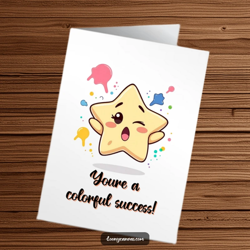 Funny free printable congratulations card: a surprised star character winking while juggling paint splatters.