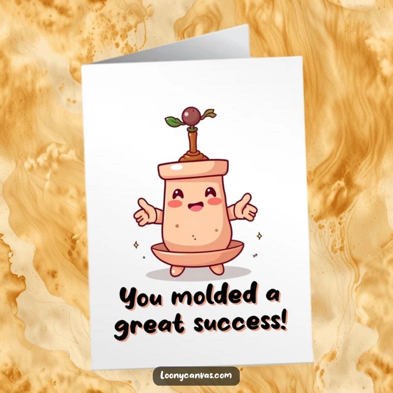 Funny Free Printable Congratulations Card featuring a spinning clay pot character actively transforming itself, a symbolic DIY gift.