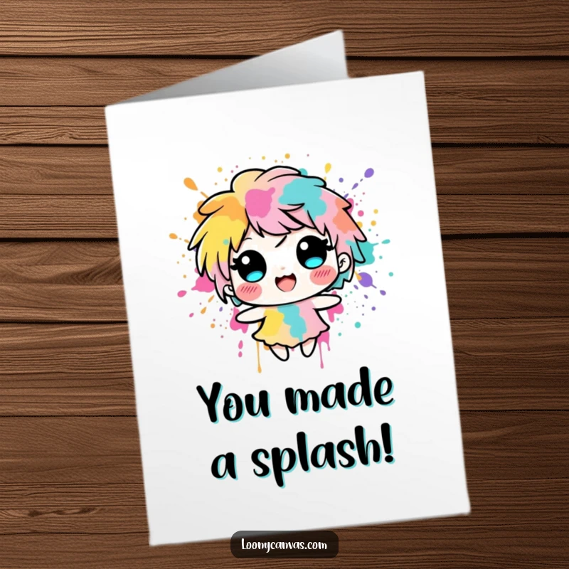 Funny Free Printable Congratulations Card: Delighted ink blot character splashing with vibrant colors, celebrating a successful achievement.