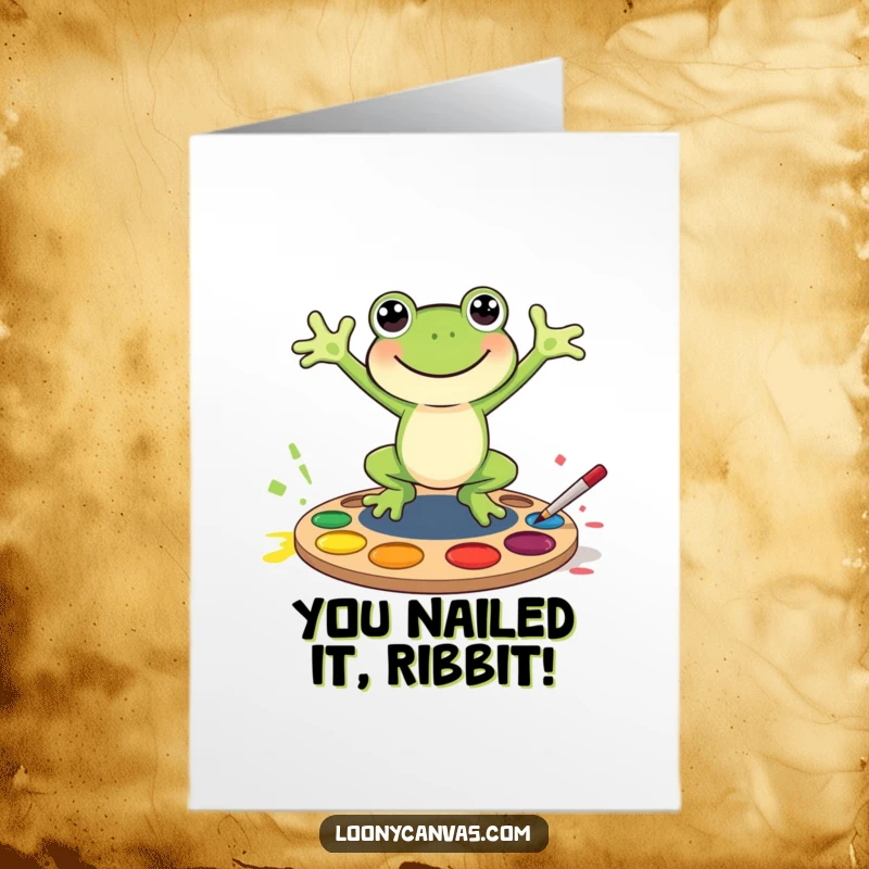 Funny Free Printable Congratulations Card: A joyful frog splashes into a paint palette, celebrating your amazing achievement.