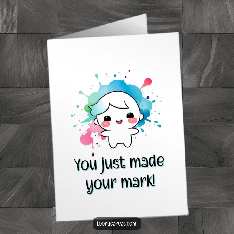 Funny free printable congratulations card of a playful ink splatter forming a very happy character, celebrating a successful milestone.