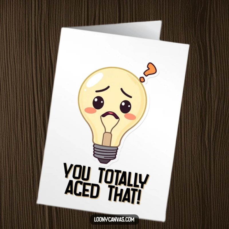 Free Printable Congratulations Card: Confused lightbulb character with a question mark, celebrating an achievement with funny DIY humor.