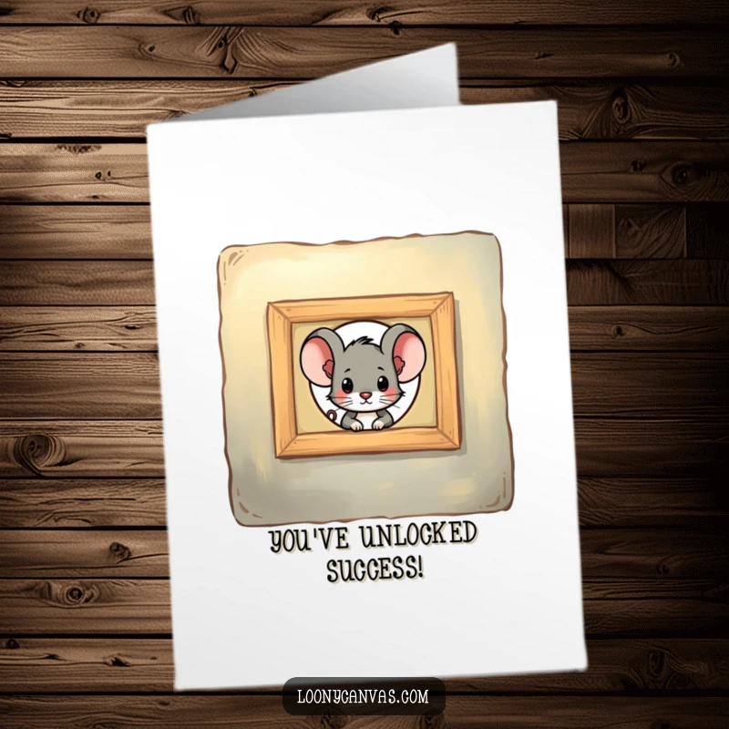 Funny Free Printable Congratulations Card: A curious mouse peeks through a painting keyhole, celebrating your big win.