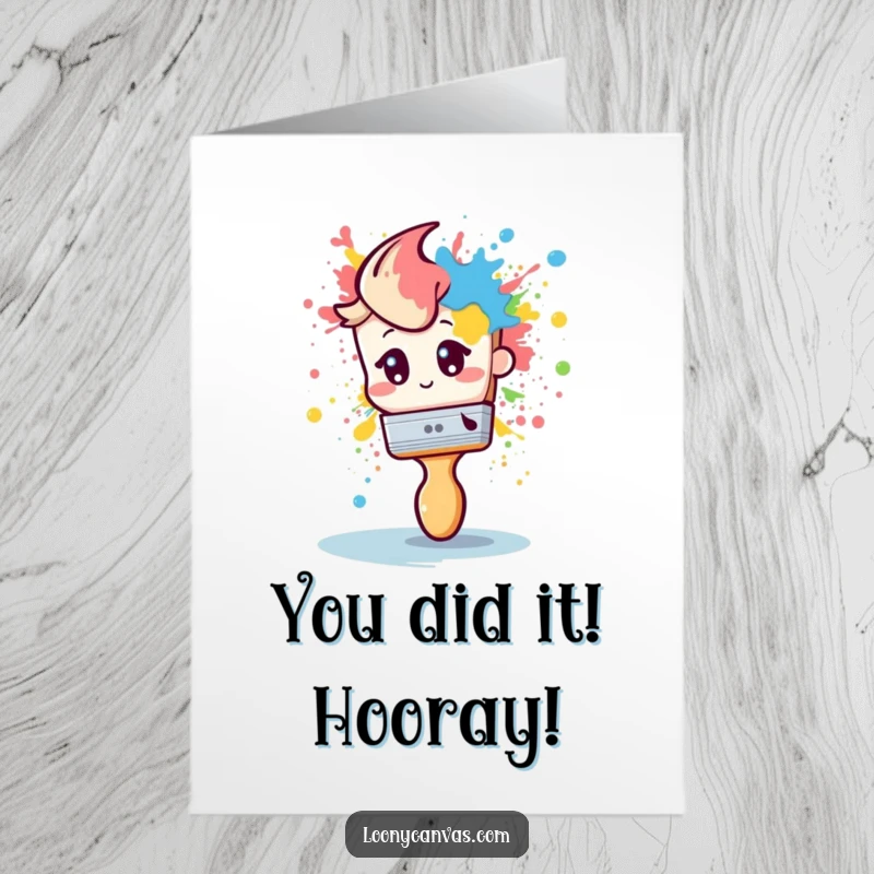 Funny Free Printable Congrats Card: A shy paintbrush dramatically splattering paint to celebrate your amazing achievement.