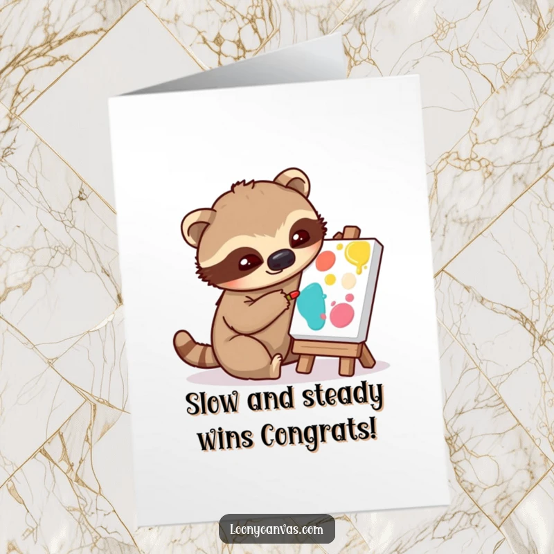 Funny Free Printable Congratulations Card: A sloth slowly paints on a small canvas, congratulating steady progress.