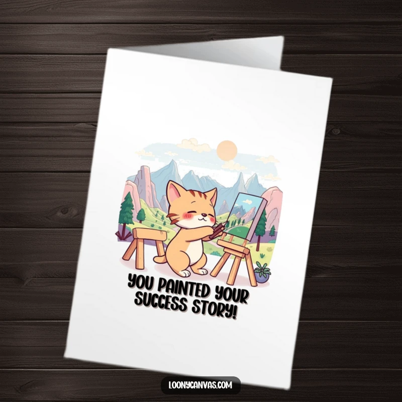 Funny Free Printable Congratulations Card: Cat frantically painting, celebrating your unique and brilliant achievement.