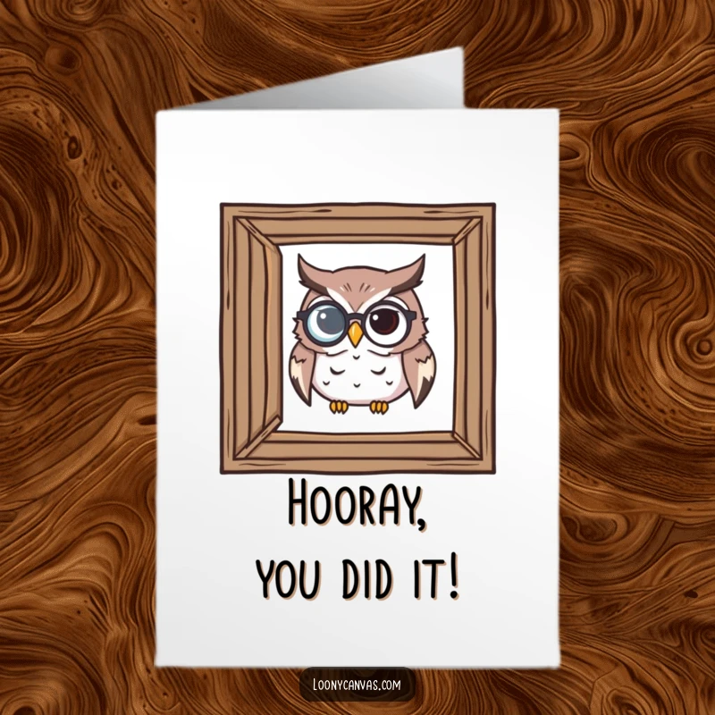 Funny Free Printable Congrats Card: A monocled owl meticulously examines a crooked frame, recognizing a job well done with sharp humor.