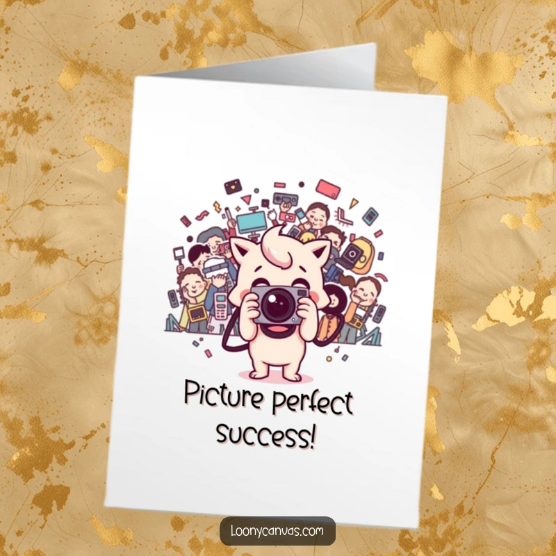 Funny Free Printable Congratulations Card: Happy Kawaii camera character snapping a chaotic photo, celebrating a successful moment.