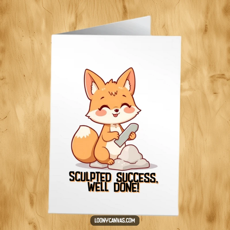 Funny Free Printable Congrats Card: A cheerful fox artist uses a chisel to sculpt a cloud, celebrating a lofty accomplishment.