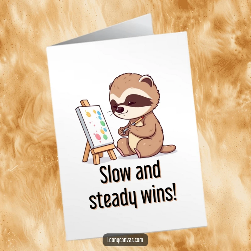 Funny free printable congratulations card featuring a sloth artist carefully painting on a small canvas.