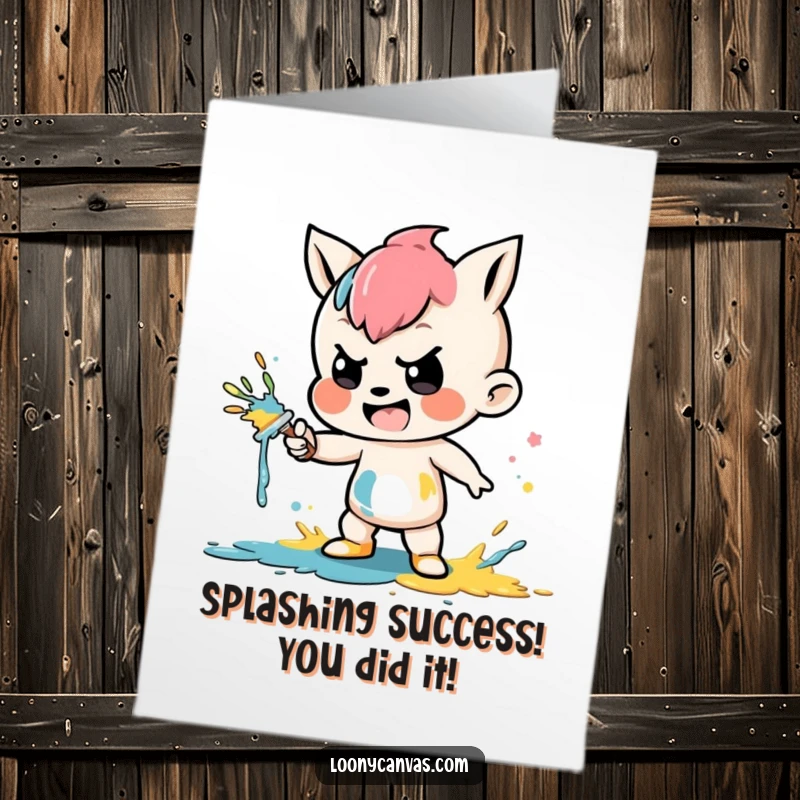 Funny Free Printable Congrats Card: Playful character deliberately splattering vibrant paint, embracing creative chaos, celebrating success, download now.