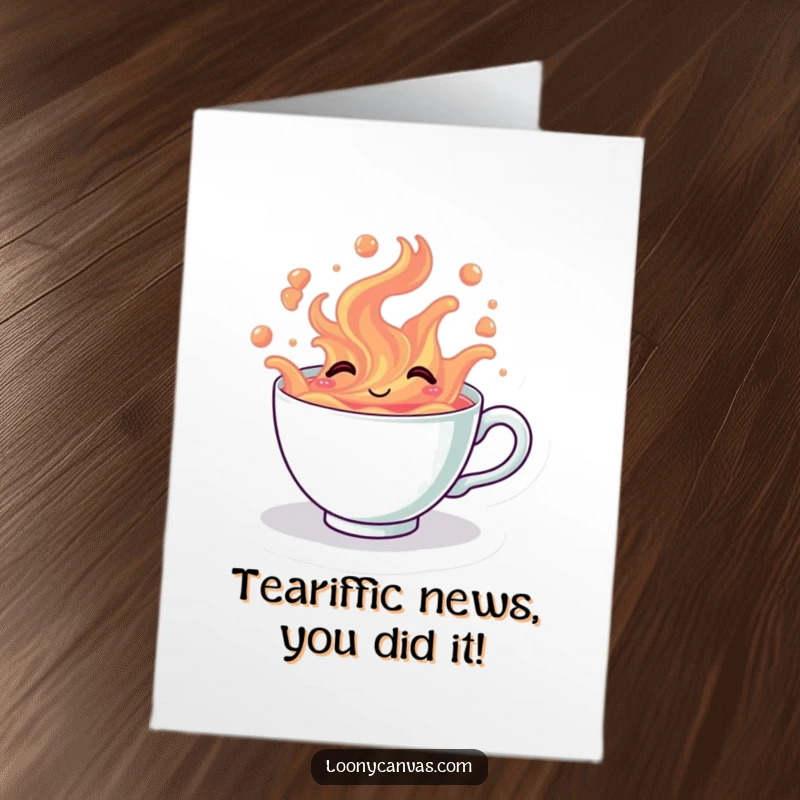 Funny Free Printable Congratulations Card: a kawaii giggling teacup overflowing with tea, bursting with celebratory joy.