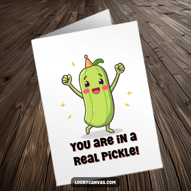 Funny Free Printable Congratulations Card: A pickle character strikes a victorious pose, celebrating a big win with a dance.