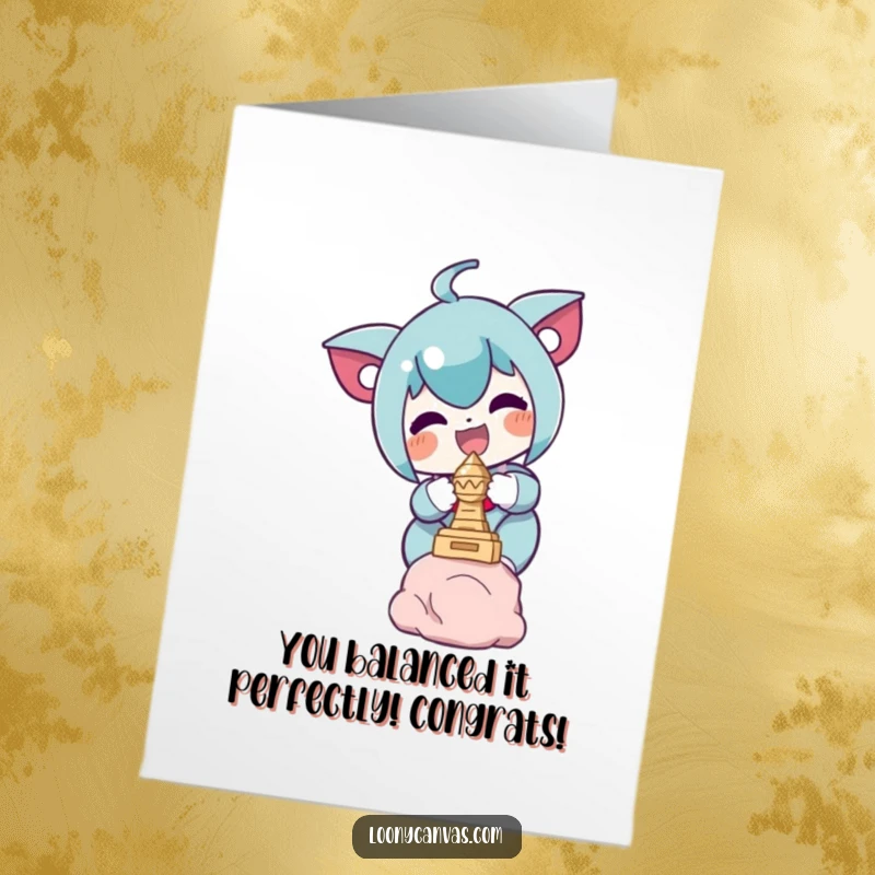 Funny Free Printable Congrats Card: Joyful character balancing a small, intricate sculpture, celebrating success with a humorous artistic twist, download now.