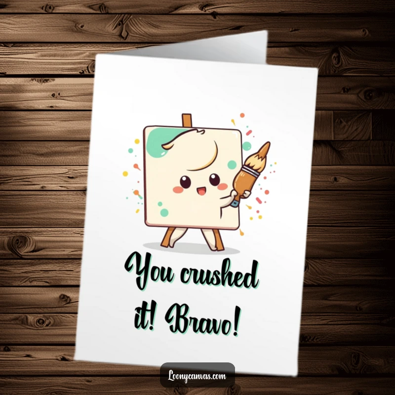 Funny Free Printable Congrats Card: A determined Kawaii paintbrush character aggressively paints a splattered canvas, congratulating a masterpiece accomplishment.