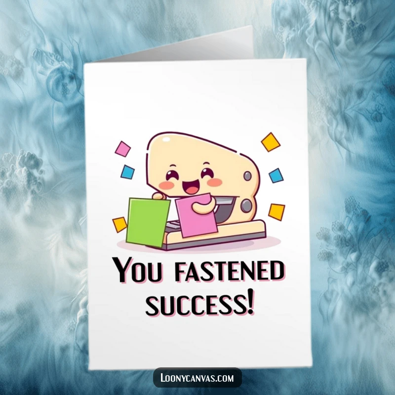 Funny Free Printable Stapler Congratulations Card: A cheerful stapler character enthusiastically joining colorful paper squares to celebrate an achievement.